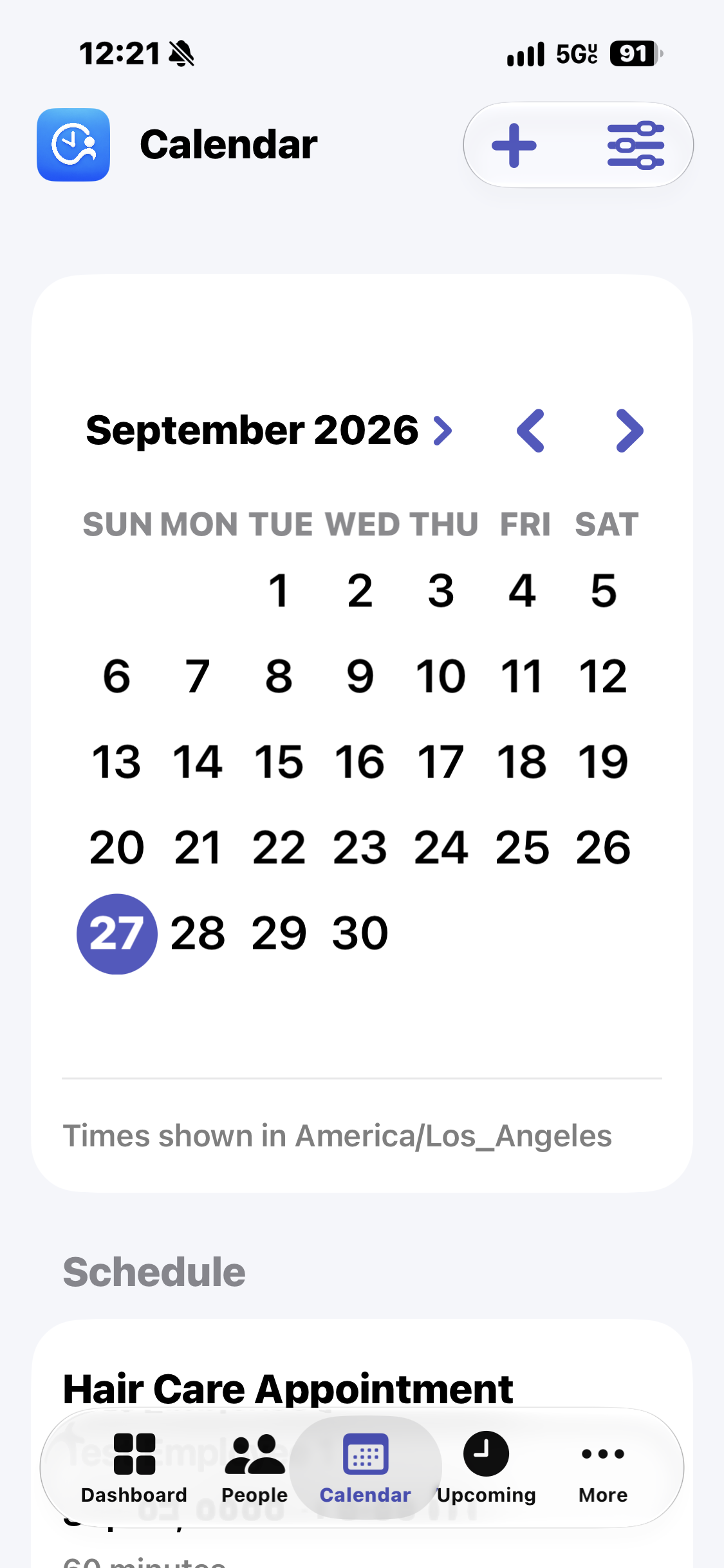 myClient business calendar showing September 2026 and the selected day’s schedule