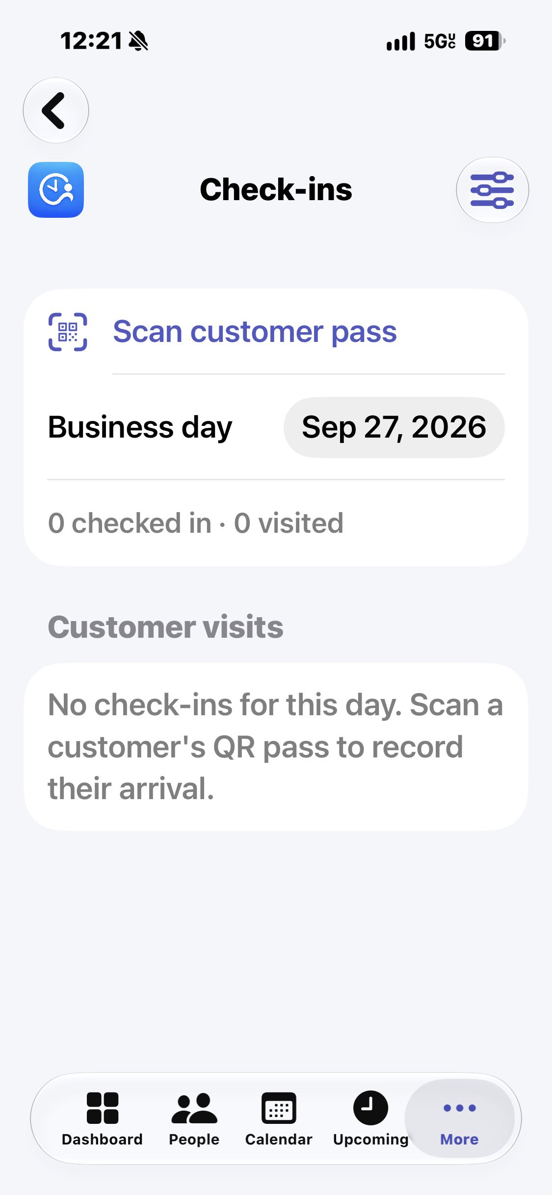 myClient customer check-ins screen