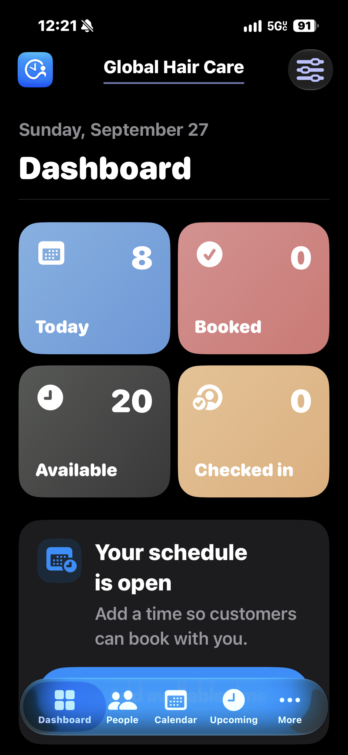 myClient iPhone dashboard showing Global Hair Care’s appointment and check-in totals