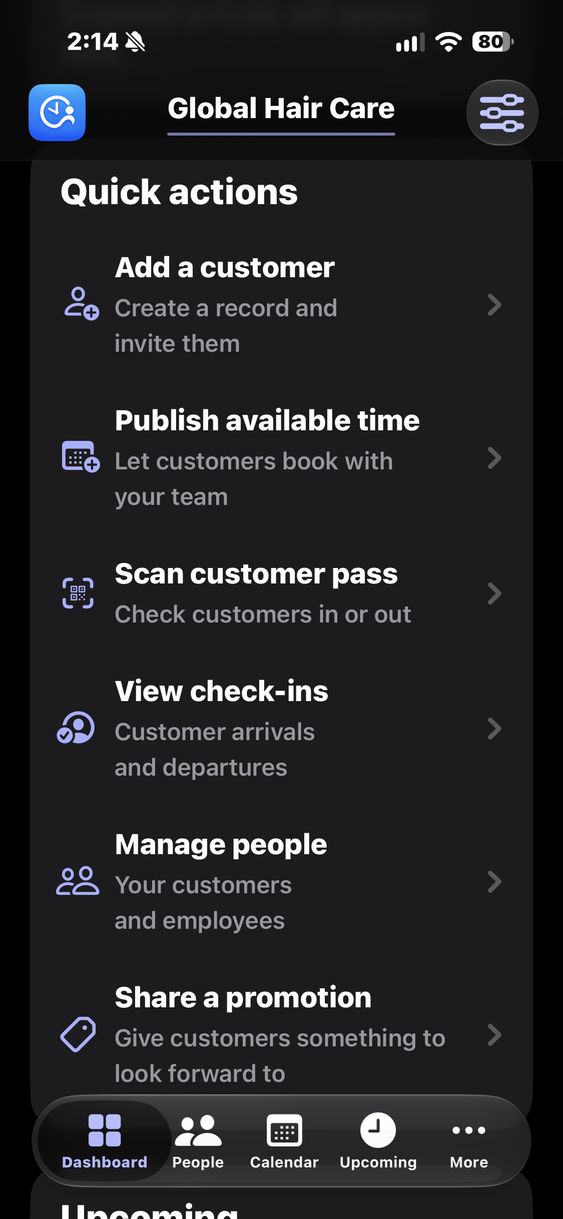 myClient quick actions screen