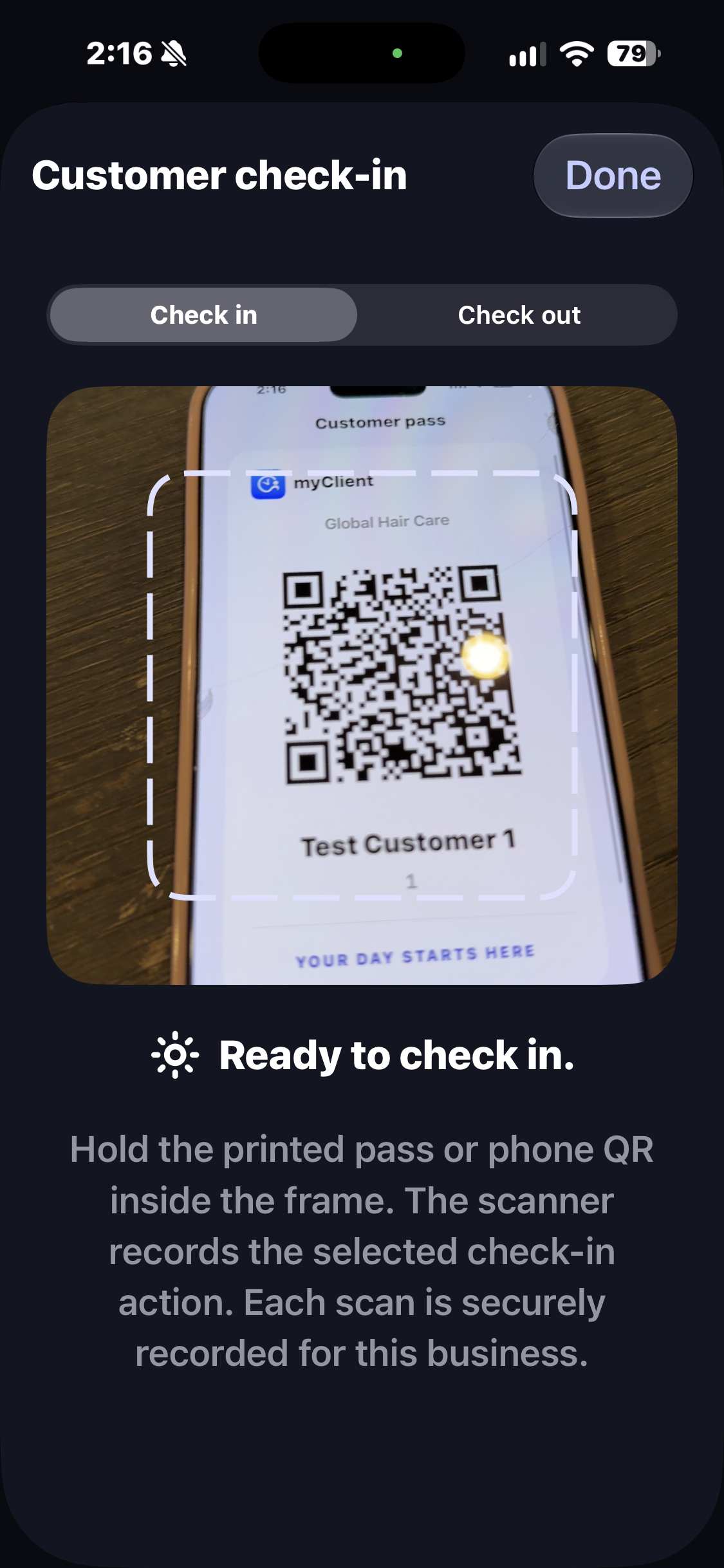 myClient customer pass scanner close-up screen