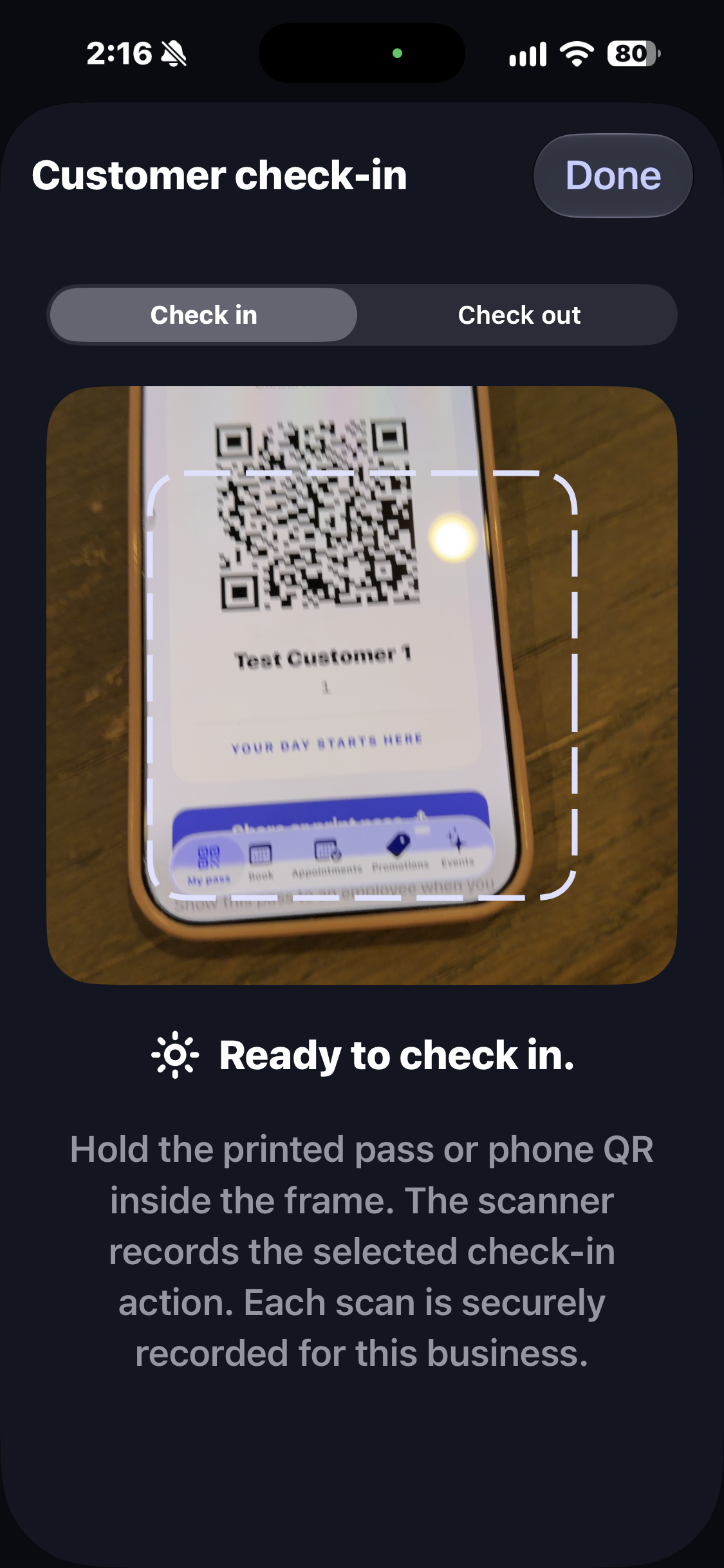 myClient customer pass scanner screen
