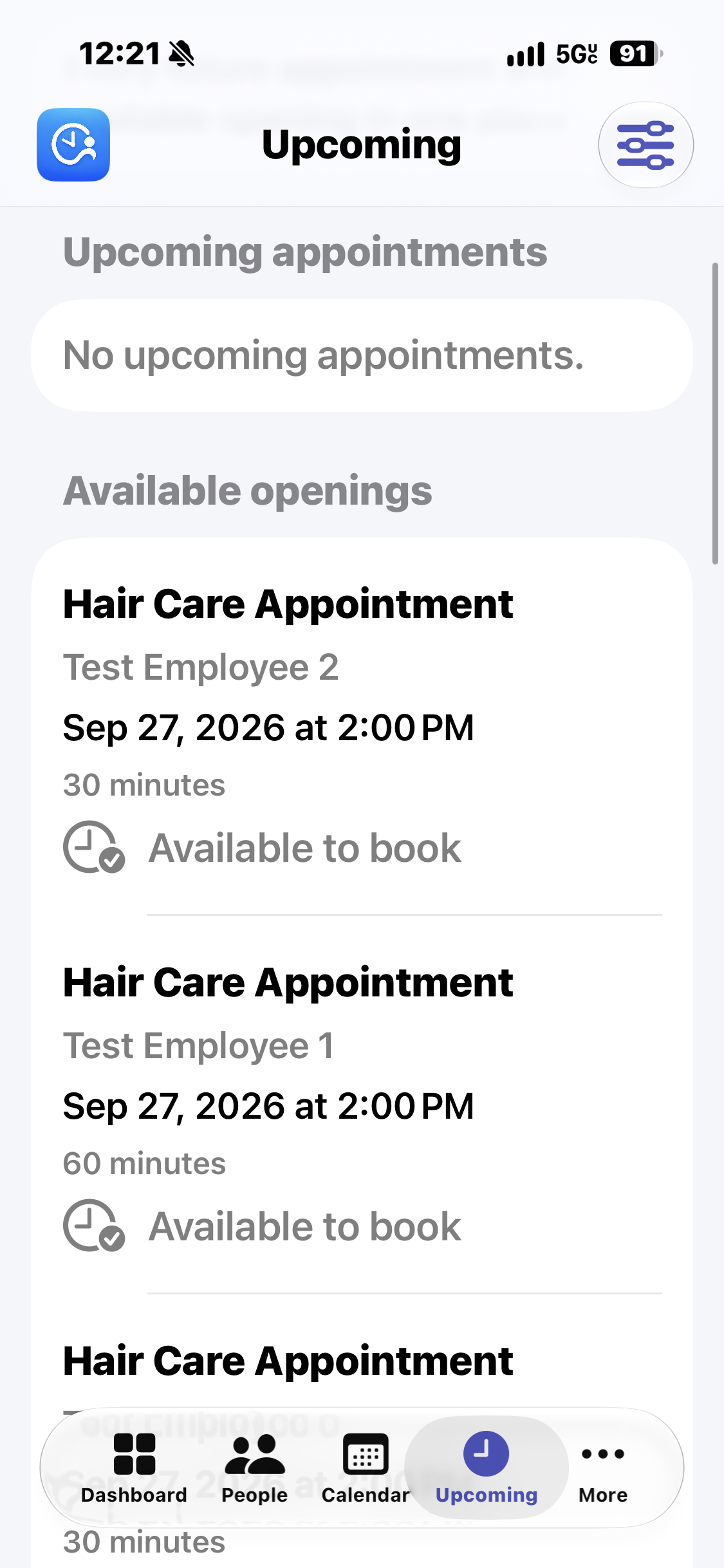 myClient available appointments screen
