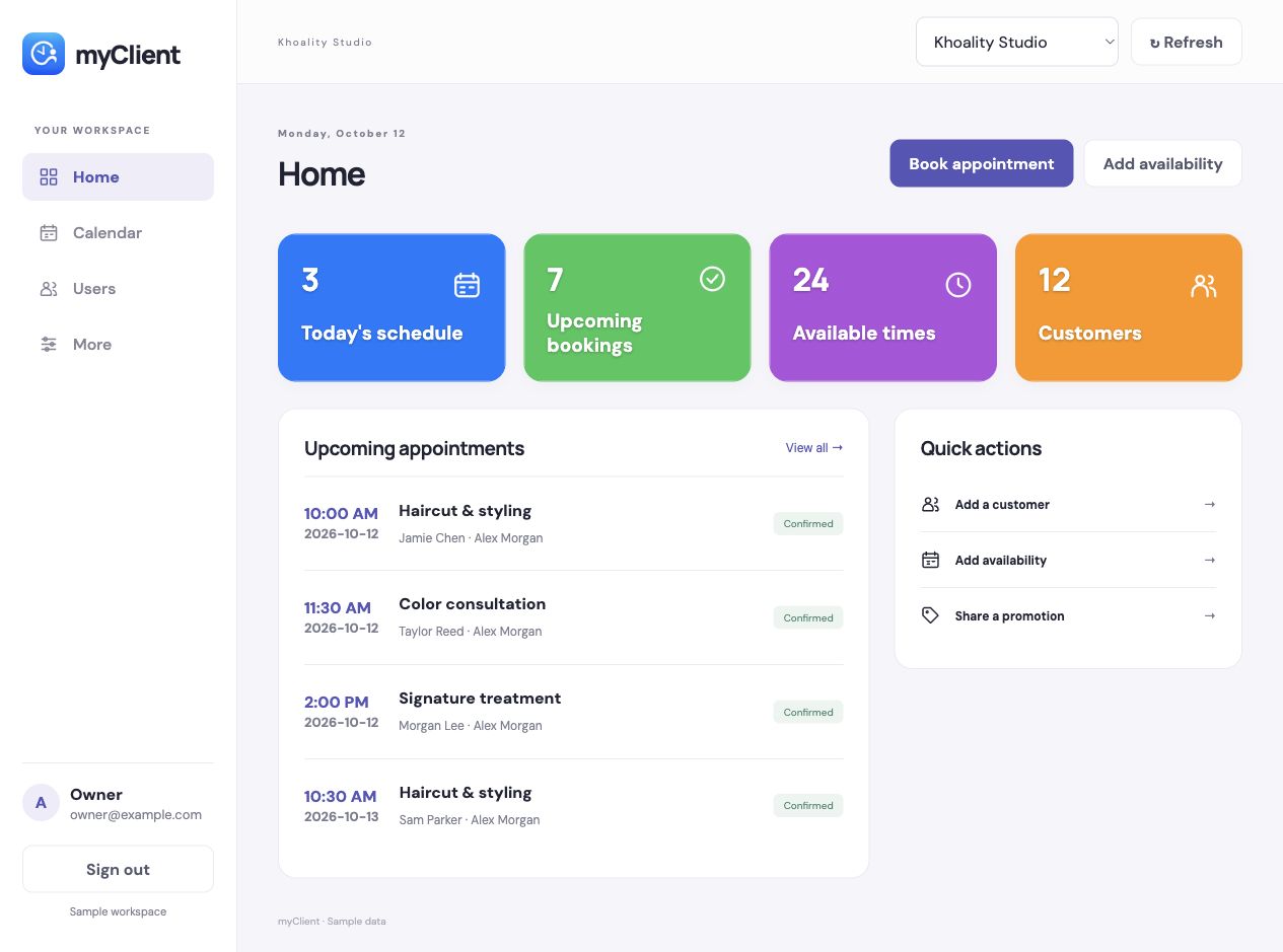 Current myClient web Home layout with colorful schedule totals, upcoming appointments, and quick actions, shown with fictional sample data